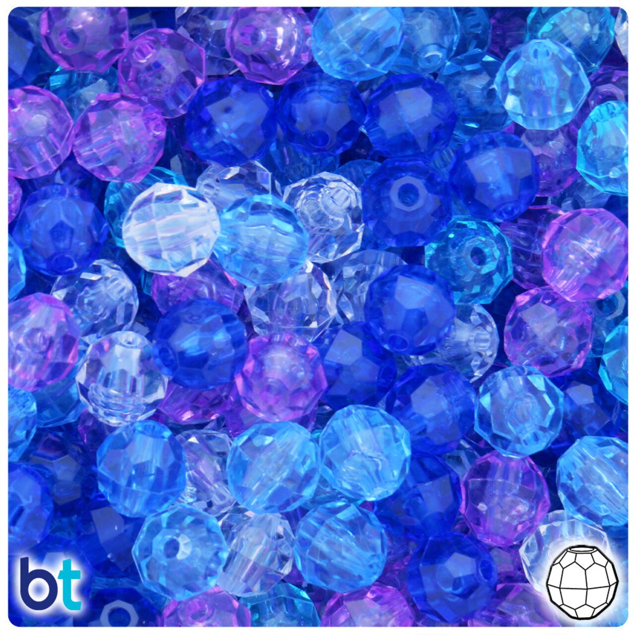 BeadTin Blue & Purple Transparent Mix 10mm Faceted Round Plastic Craft Beads (225pcs)